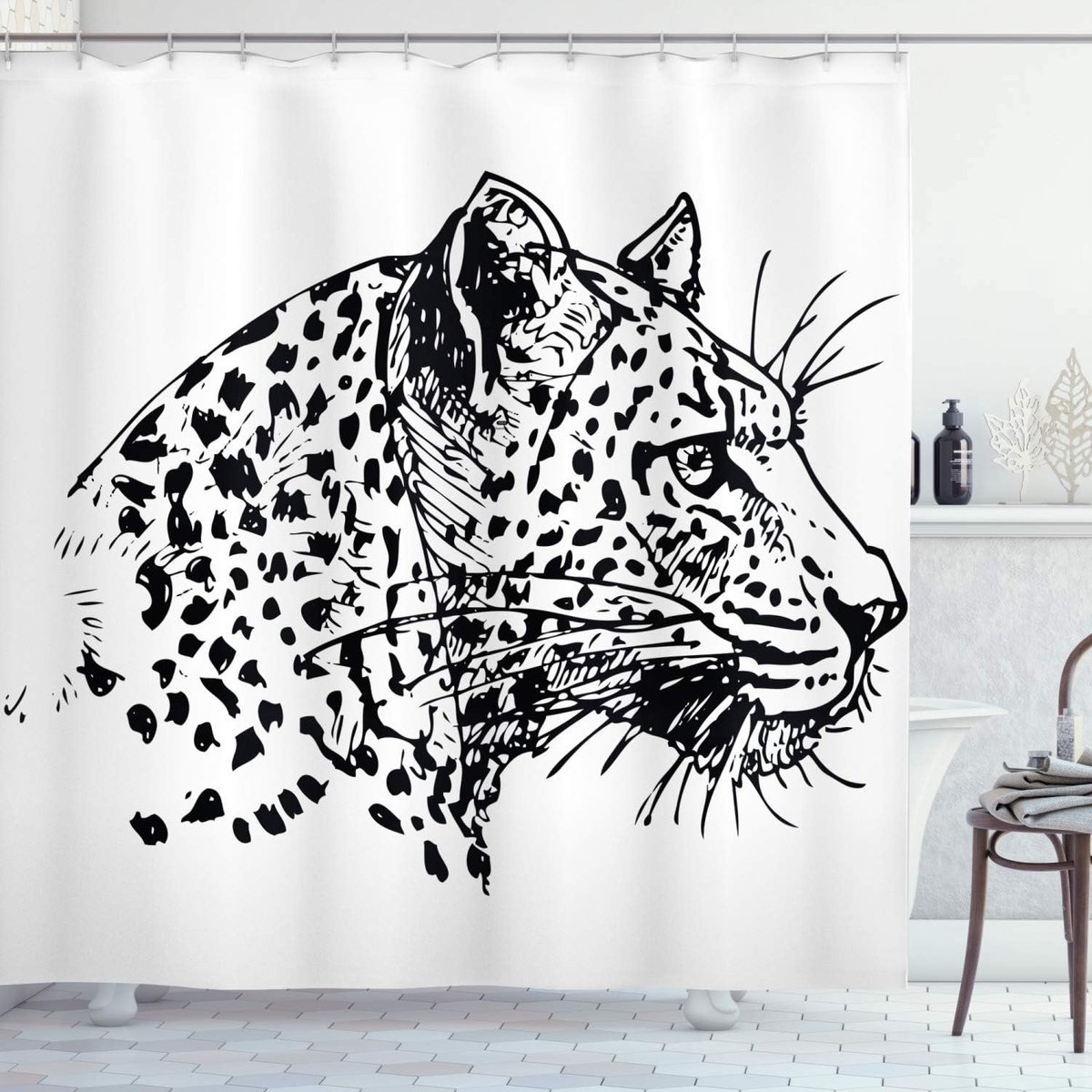 SnelShoppen - Shallow Douchegordijn Jaguar Schets Wildlife, Badkamer Decoratie Set met Haakjes, 175 x 180 cm, Zwart Wit, Waterafstotend, Machinewasbaa