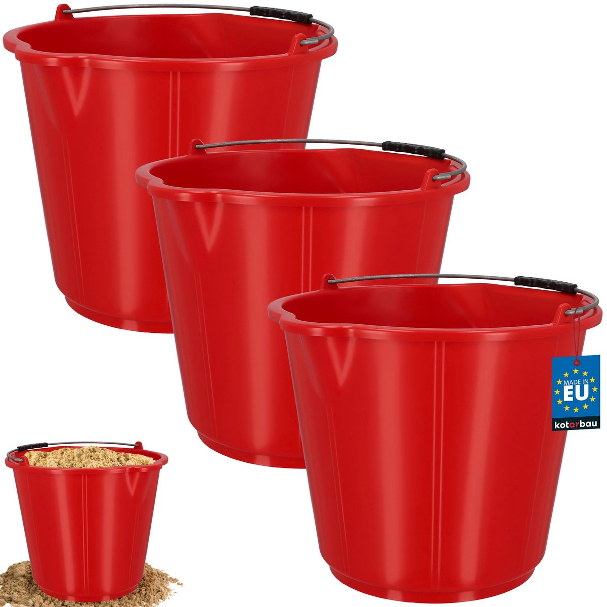KOTARBAU® 3 Stuks - Bouwemmer 21 L - Mortelemmer - Emmer met Schenktuit - HDPE - Emmer met Schaalverdeling - en Handvat - Cementemmer - Betonemmer - Rood