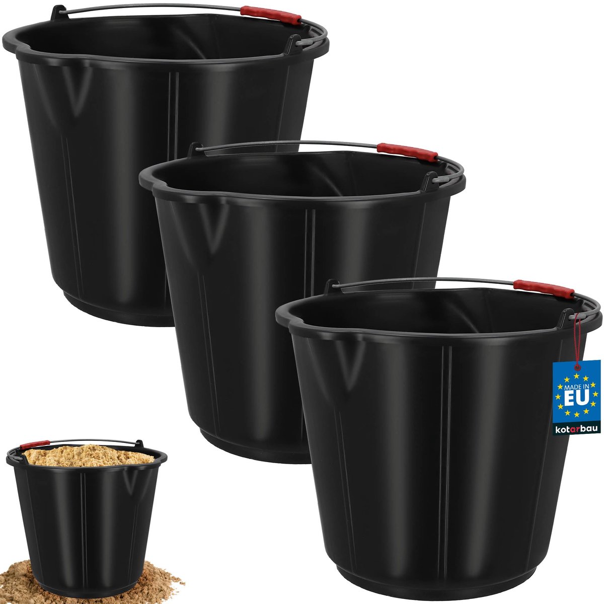 KOTARBAU® 3 Stuks - Bouwemmer 21 L - Mortelemmer - Emmer met Schenktuit - HDPE - Emmer met Schaalverdeling - en Handvat - Cementemmer - Betonemmer - Zwart