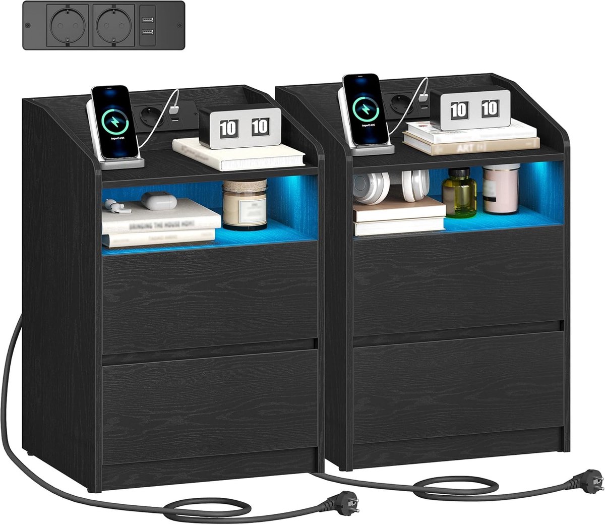 Hzuaneri Nachtkastjesset (2 stuks), bijzettafel met 2 lades, 2 stopcontacten, 2 USB-A-poorten, ledverlichting, open vak, modern, voor slaapkamer en woonkamer, 35 x 40 x 58 cm, zwart