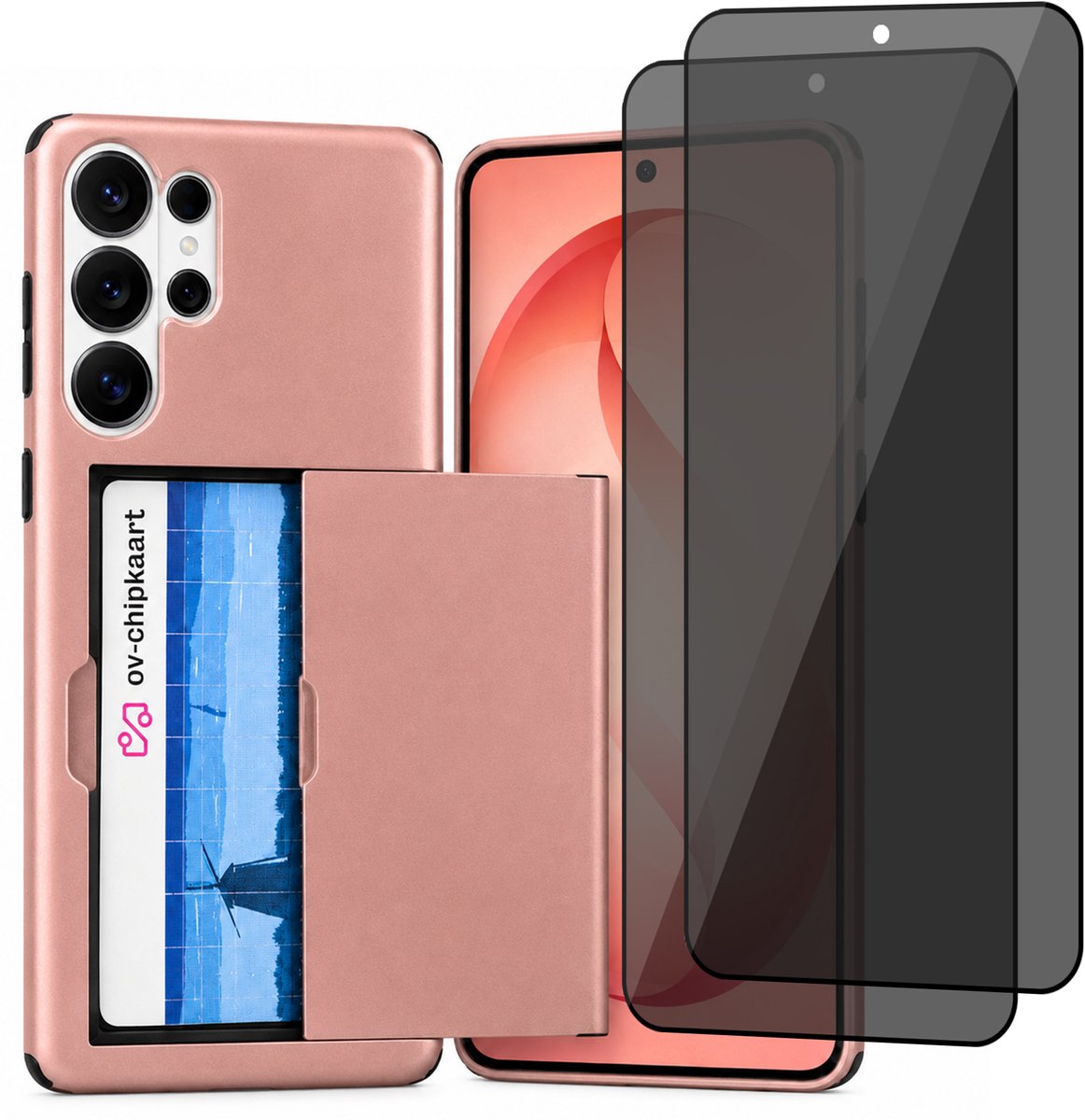 Hoesje met Pasjeshouder geschikt voor Samsung Galaxy S26 Ultra – Back Cover Slide Case – Roségoud – 2 Stuks Privacy Screenprotector – Anti Inkijk