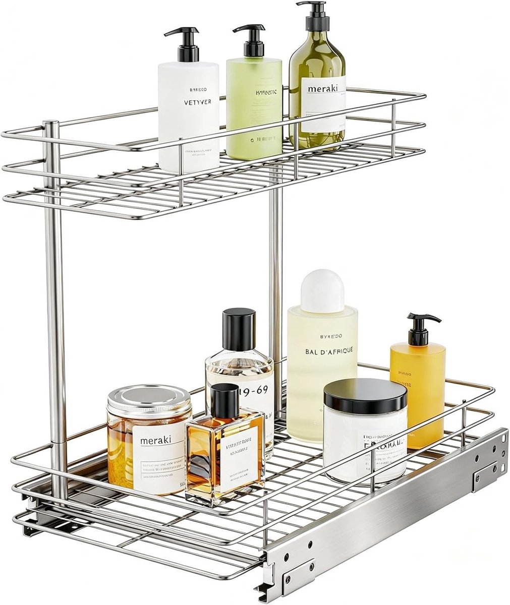 Pull-out Keukenorganizer met 2 Laags Draadmanden voor Onder de Wasbak - Uittrekbare Opbergrek met Lade, Ideaal voor Kasten met Minimaal 32cm Opening, 27 x 44 x 37cm, Chroomafwerking