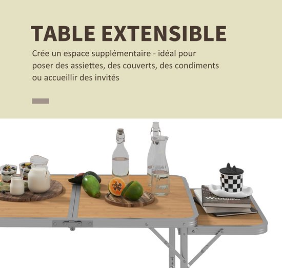 klaptafel, campingtafel, tuintafel met verlenging, in hoogte verstelbaar, aluminium, MDF, bamboe-look — afbeelding 5