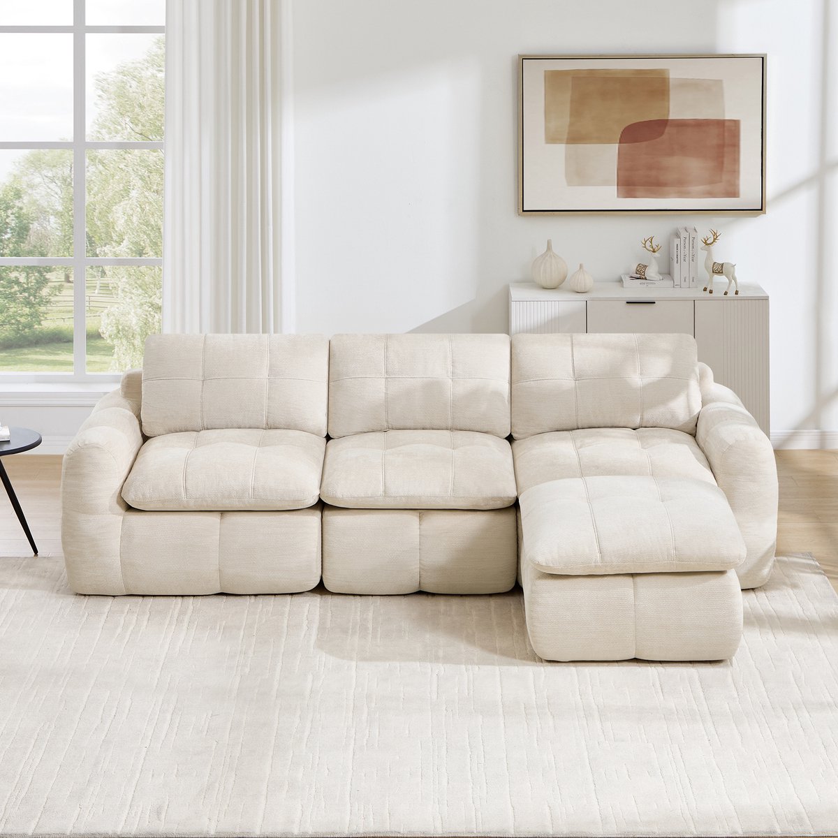Intebiki 3-zits Hoekbank - Chenille stof - Modulaire L-vormige bank - Geen montage nodig - inclusief 1 poef - beige