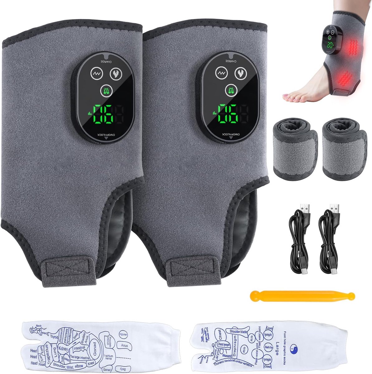 Elektrisch voetmassageapparaat, 2 stuks, draadloze voetmassage met 3000 mAh accu, 6 warmtestanden en 3 trillingen, timer, voetmassageapparaat voor pijnverlichting en diepteontspanning