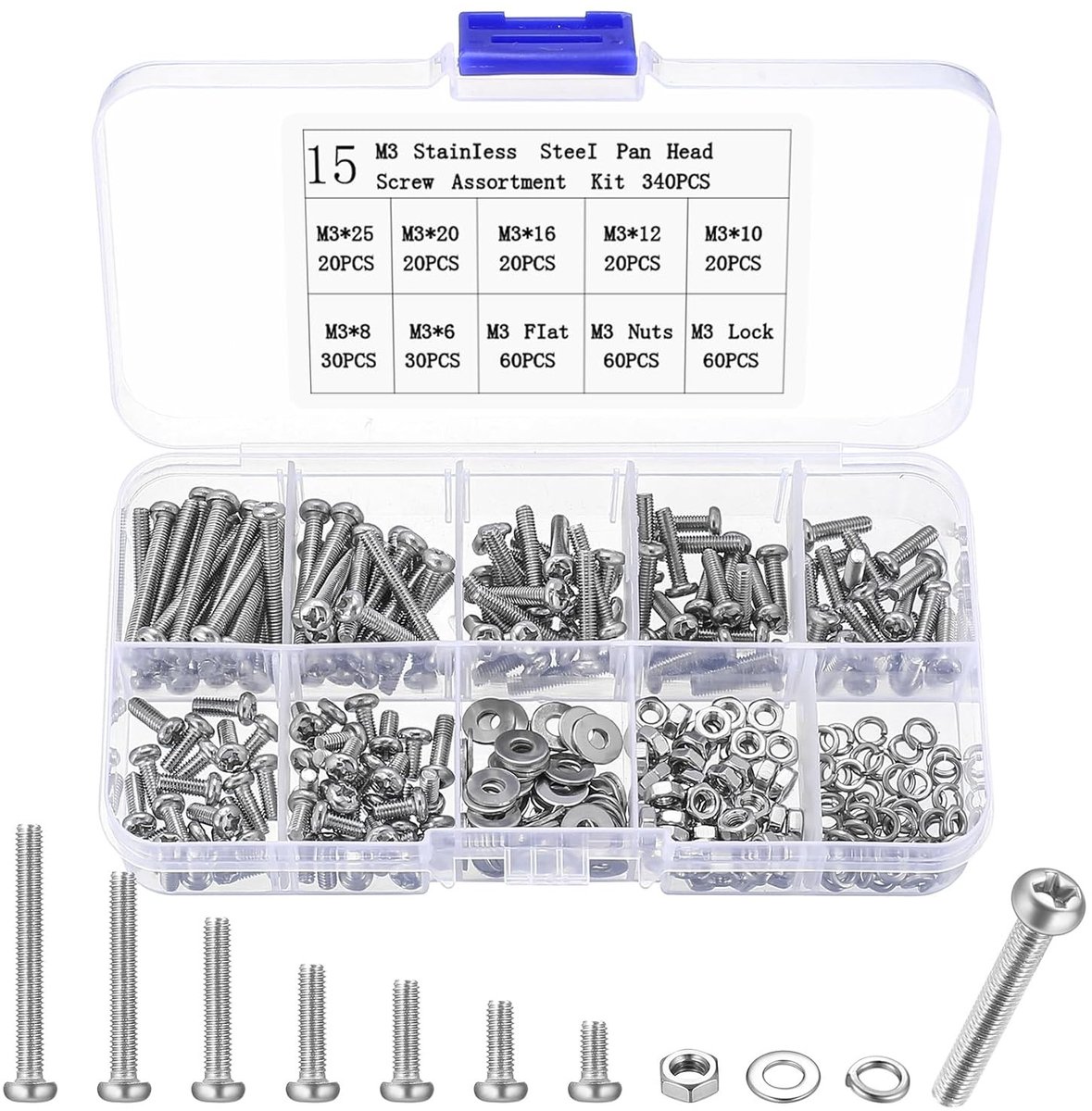340pcs M3 Screw Set, Round Head Screws, Nut Set, Lens Head Screws and Nuts, Washers, Stainless Steel Screws, Machine - ShopVlot