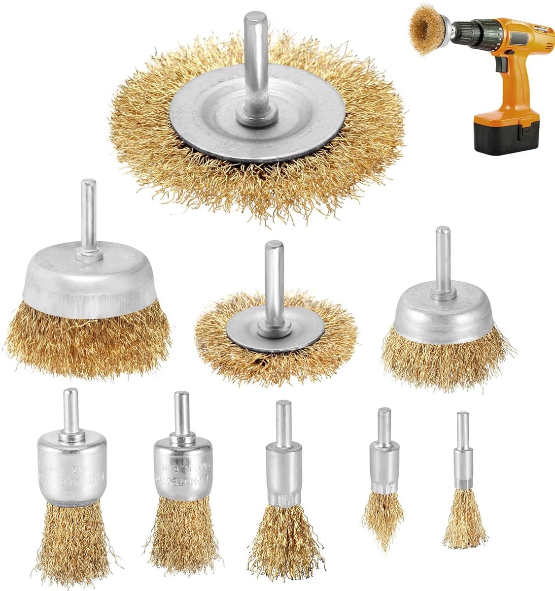 9-delige roterende draadborstel voor boorbevestiging Koperdraad met kopercoating Koperdraadwiel Bekerborstel Boorset 1/4 "(6 mm) schacht voor verfverwijdering en roestreiniging