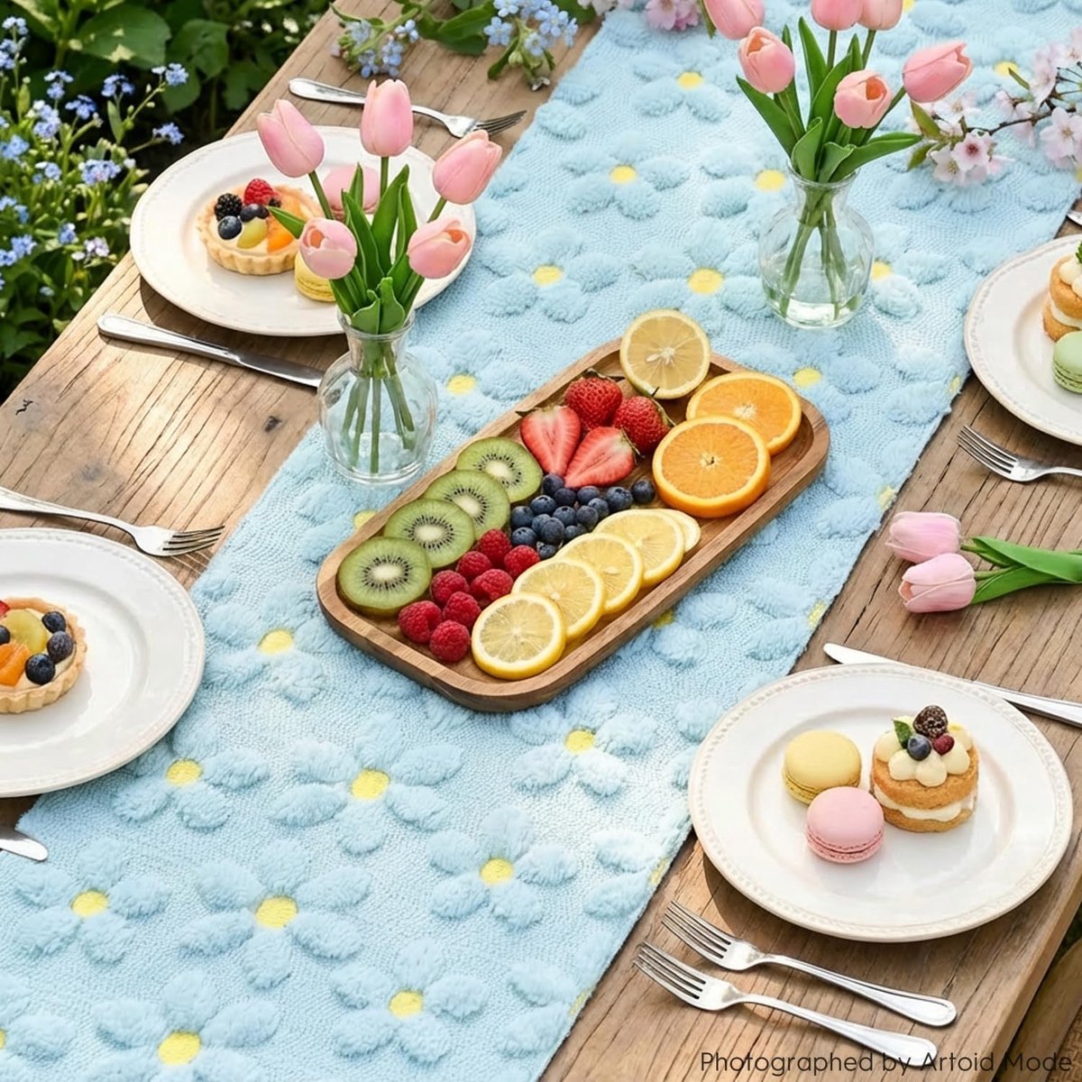 Dailygoods - Zachte Pluche Tafelloper met Blauwe Madeliefjes 33 x 183 cm