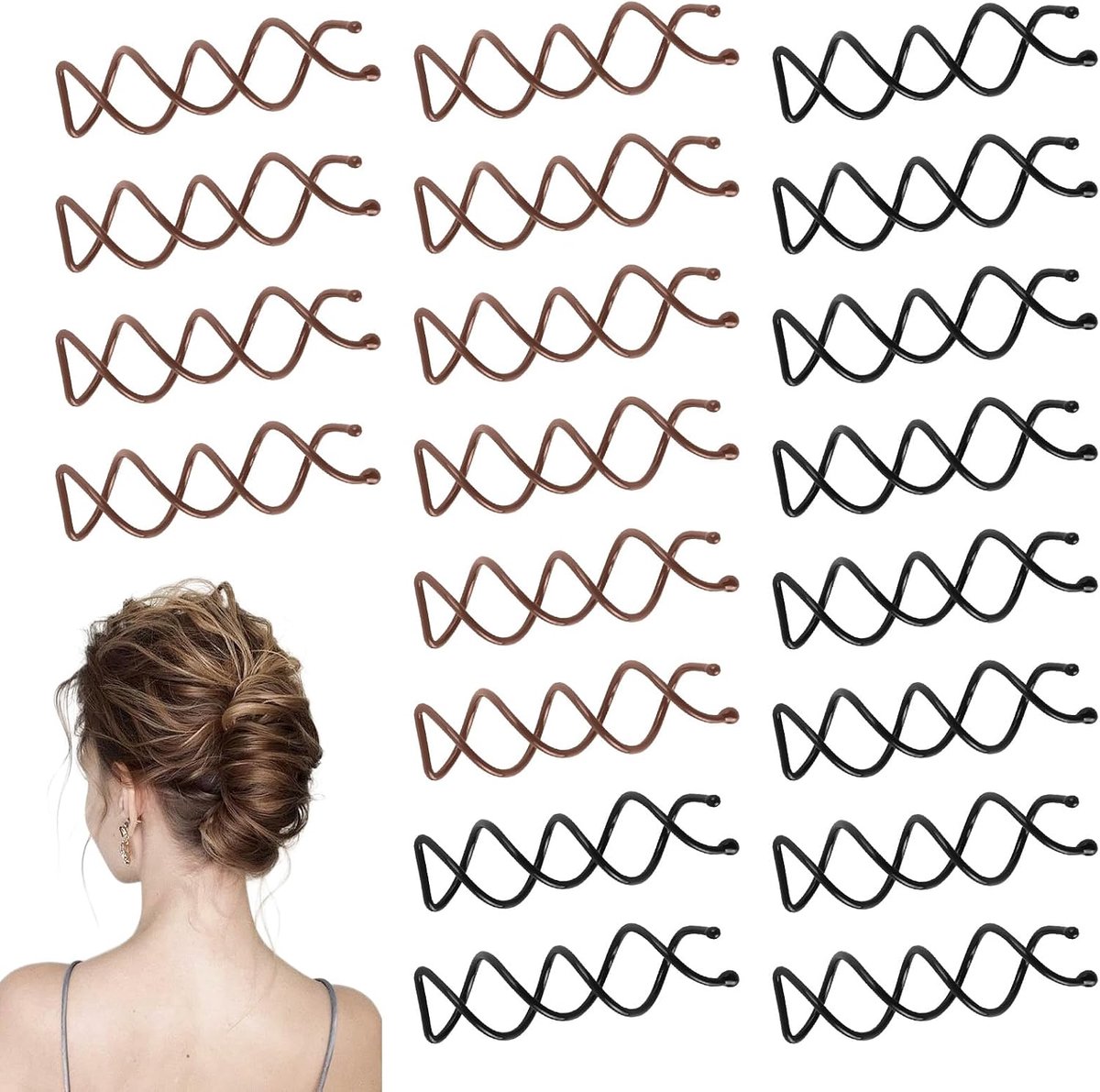 SnelShoppen - 20 Stuks Spiralen Haarspelden Haarclips Haaraccessoires Rotating DIY Haarclips Spiralen Pinnen Buns Haarstyling Bruin + Zwart