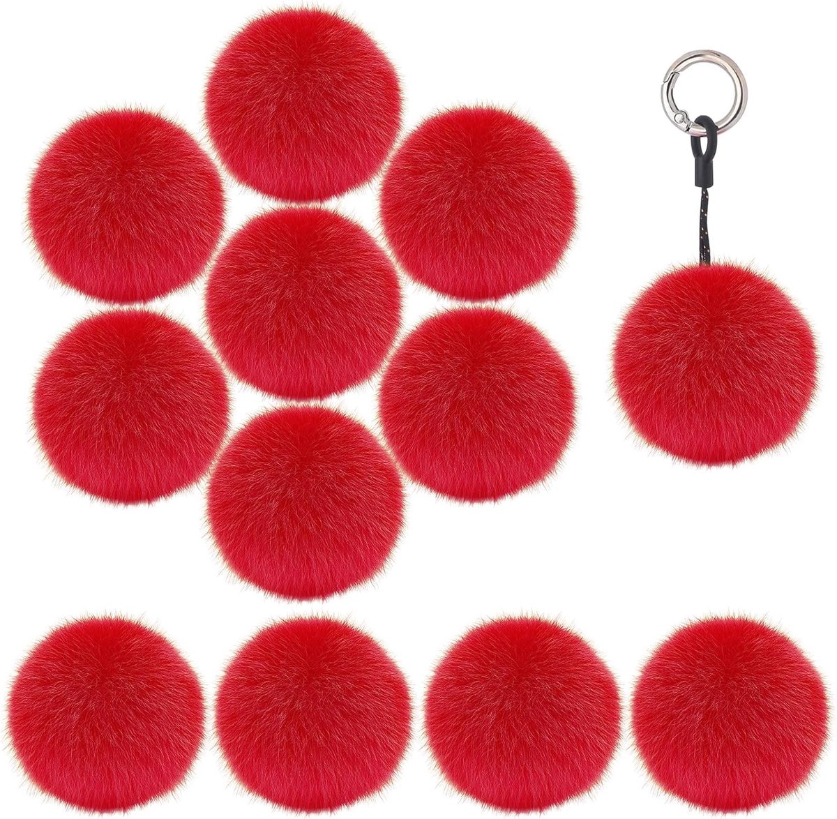 SnelShoppen - 12 Stuks Rode Nepbont Pompoms 5,5 cm - Zachte Nep Konijnenbont Bollen met Elastische Lus - Fluffy Pompoms voor Hoed, Schoenen, Kleding e