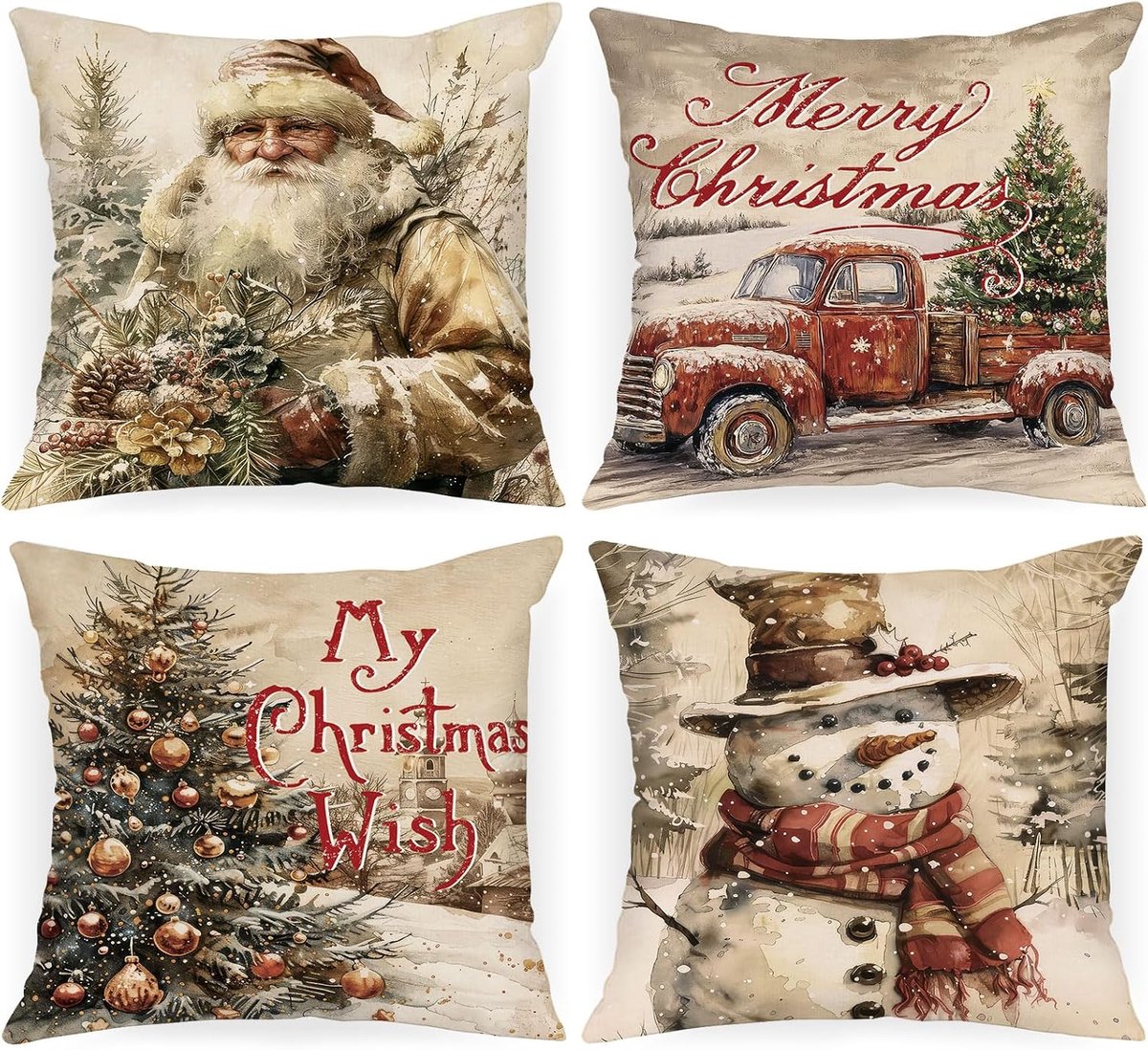 SnelShoppen - Set van 4 Kerst Kussenhoezen 50x50cm - Kerst Decoratieve Kussens voor Woonkamer Slaapkamer Bank Bed - Santa Claus en Sneeuwman Ontwerpen