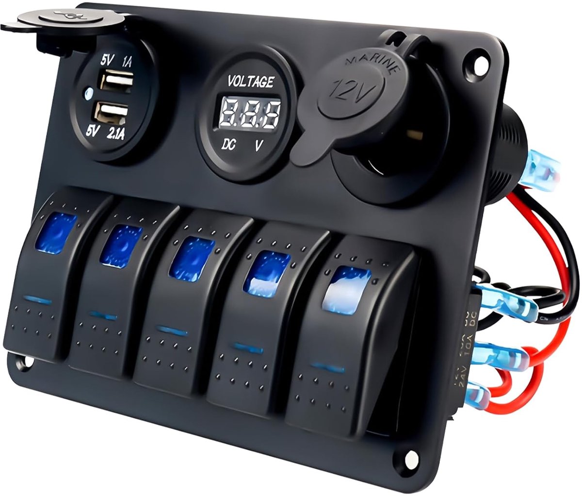 SnelShoppen - Leikurvo Schakelpaneel voor Marine, 5-Weg 12V/24V, IP66 Waterdicht, 5 Tuimelschakelaars, Dubbele USB Oplaadpoort, LED Voltmeter, Sigaret
