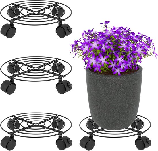 SnelShoppen - 4 Stuks Metalen Plantrollers 27cm Doorsnee Zwarte Metaal Bloempot Roller Met Wielen Voor Binnen Potted Planten Caddy 40kg Draagcapacitei