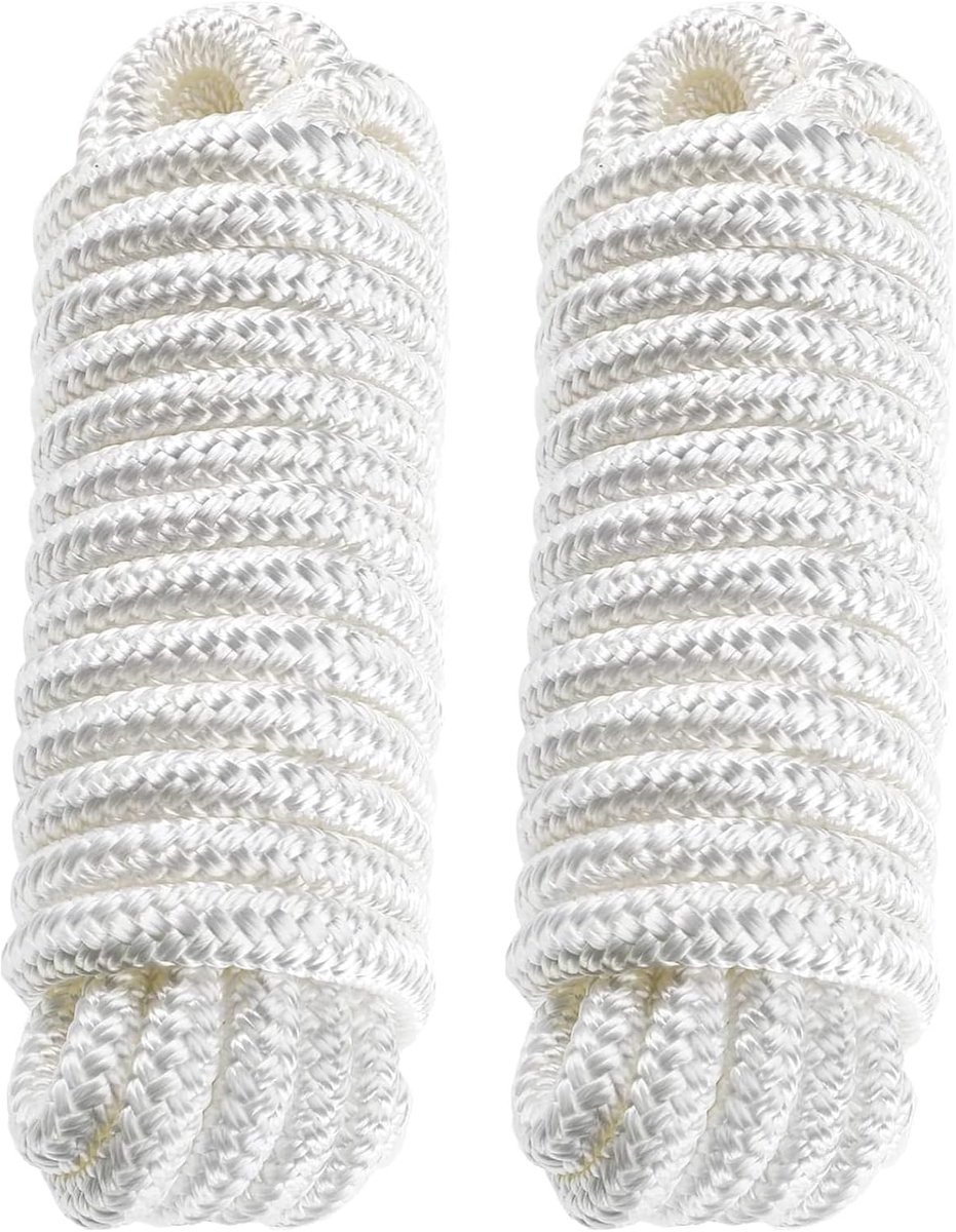 SnelShoppen - 2 stuks bootlijn 16 mm met oog nylon dubbelgevlochten fenderlijn aanleglijnen Ø 16 mm, L: 7.62 m, oog 38 cm, breeklast: 3970 kg, wit