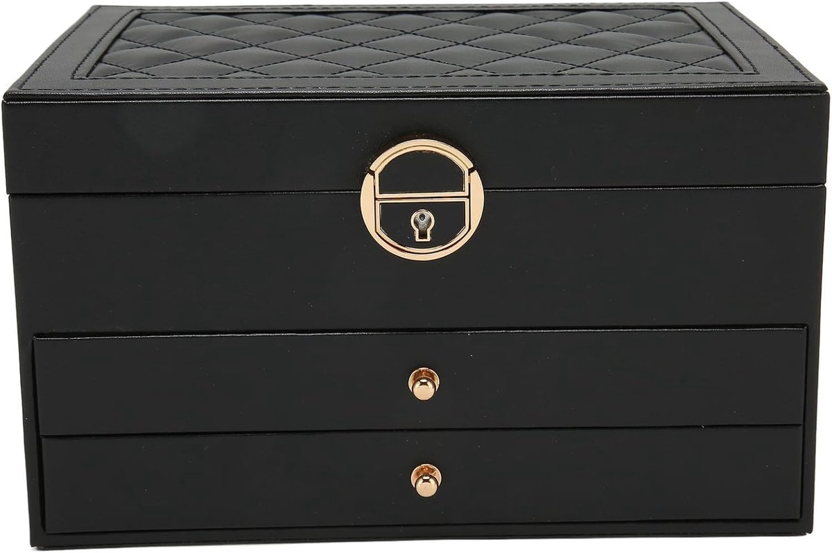 SnelShoppen - Zwarte Vrouwen PU Leren Sieradenbox met 2 Lades, Organisator voor Kettingen, Armbanden en Oorbellen, Elegante Sieradenopbergkast