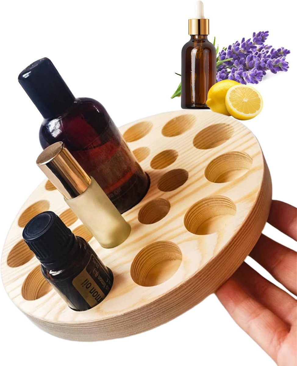 VolksRose New Zealand Pine Wood Essential Oil Organizer - 19cm Swivel Display Stand with 22 Compartments for 5ml-100ml - ShopVlot