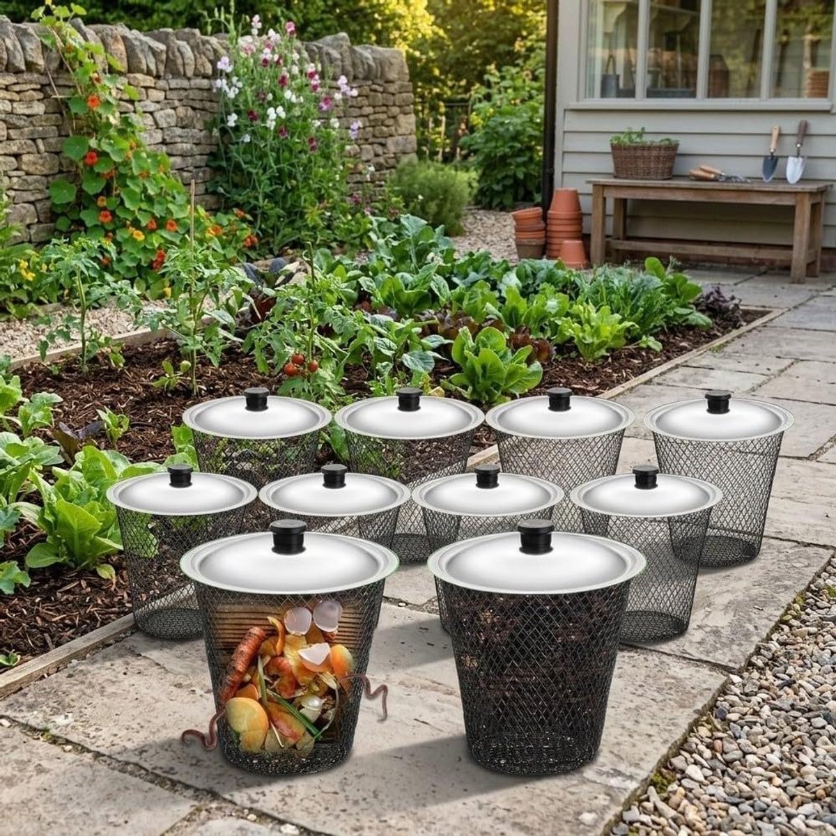 Wormencompostbak - Compostbak Tuin - Recyclen Organisch Afval - Ingegraven Systeem - 27 x 24 x 24 cm - Zwart