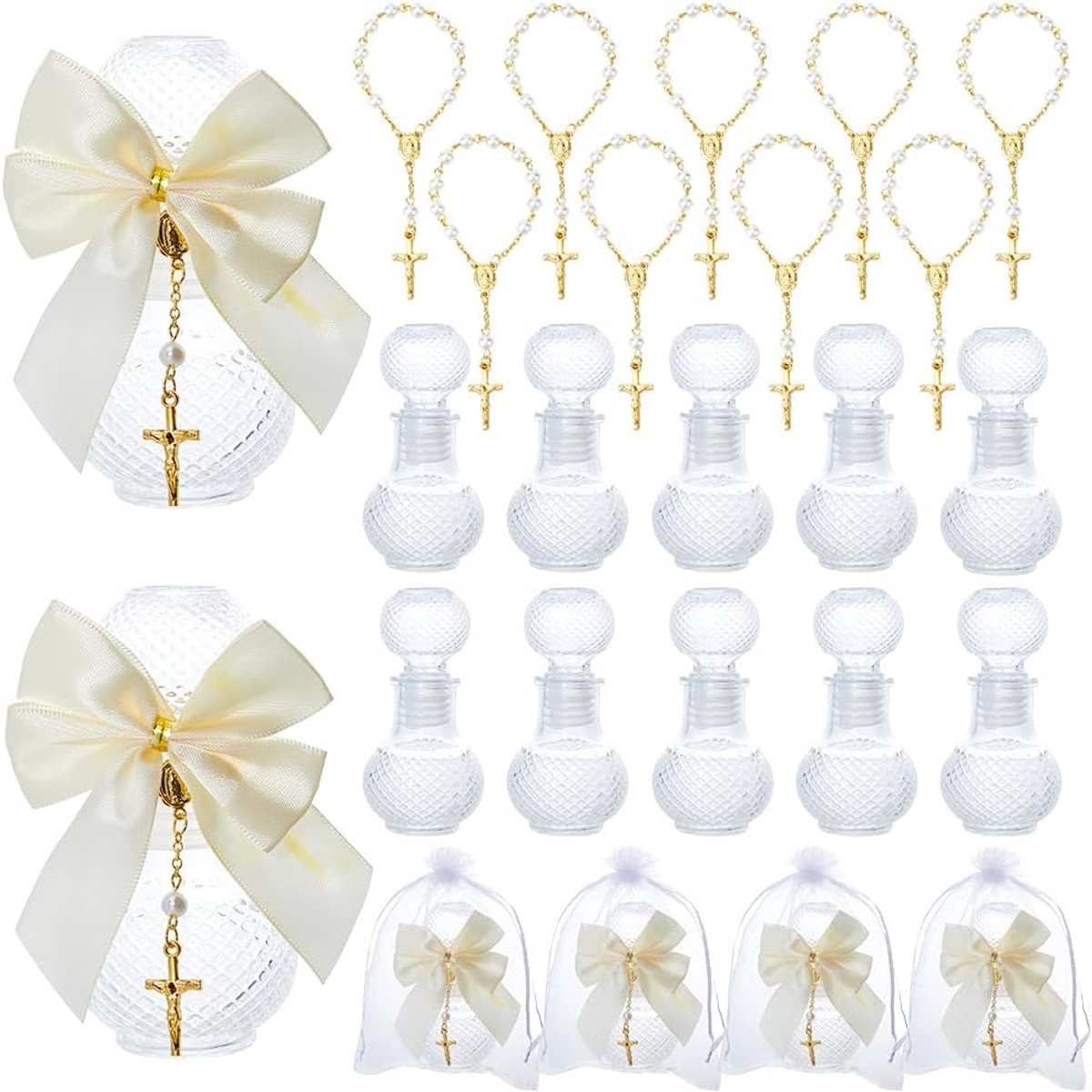SnelShoppen - 15 Sets Glazen Heilige Water Flessen 50ml met Kruis Rozenkrans Armbanden, Strik Lint en Organza Zakken voor Pasen en Doop