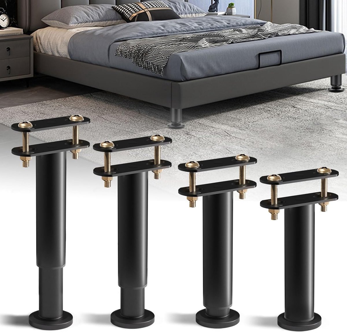 SnelShoppen - 4 Stuks Verstelbare Meubelpoten - Hoogte Verstelbare Ondersteuningspoten voor Tafel, Bed, Sofa - Metaal, Zwart, 25-42cm - Ideaal voor Ka