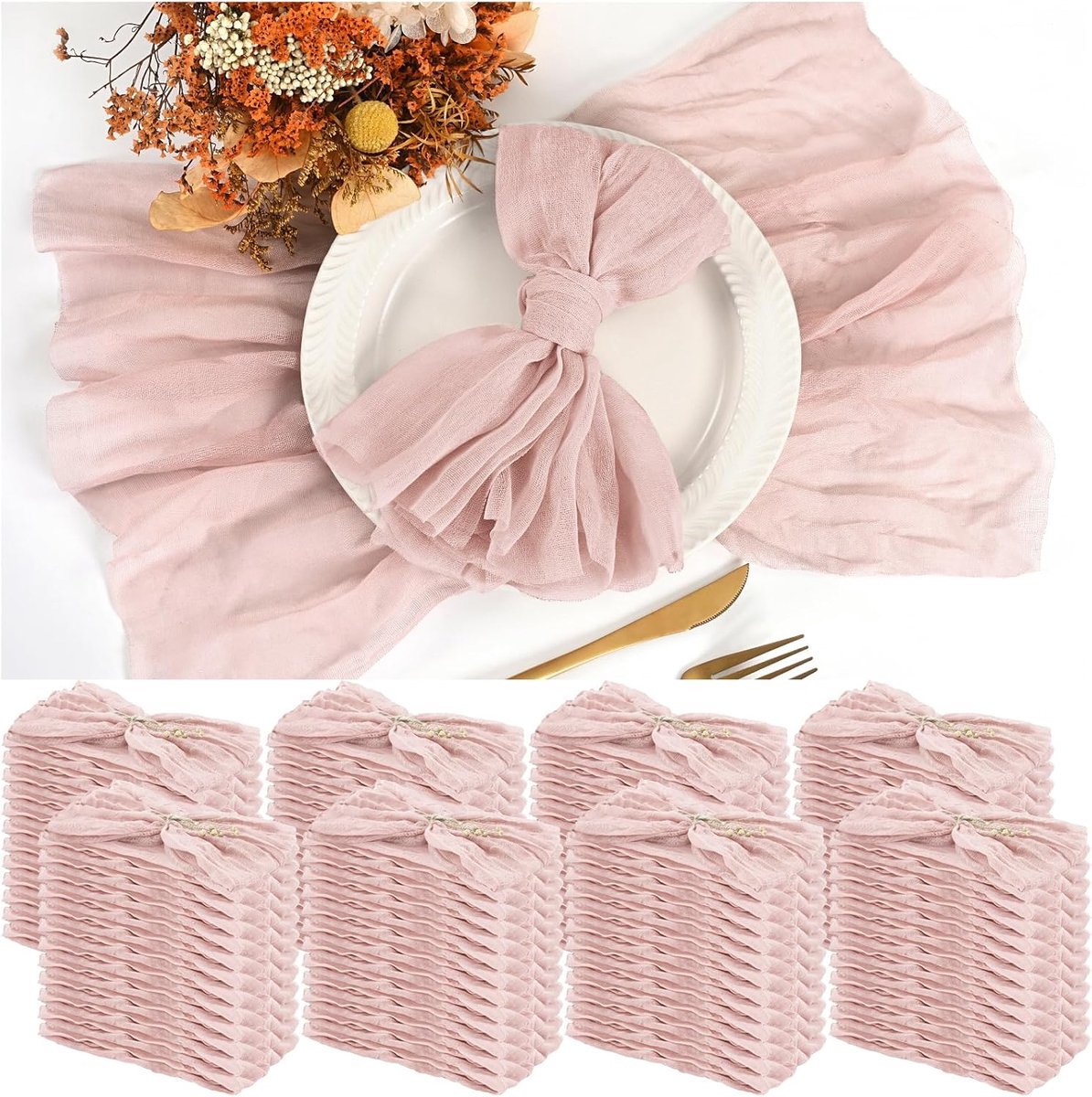 SnelShoppen - 100 Stuks Roze Kaasdoek Servetten voor Diner – Gekreukte Stof Servetten in Bulk voor Bruiloft, Thuisfeest en Landelijke Tafel Decoratie,