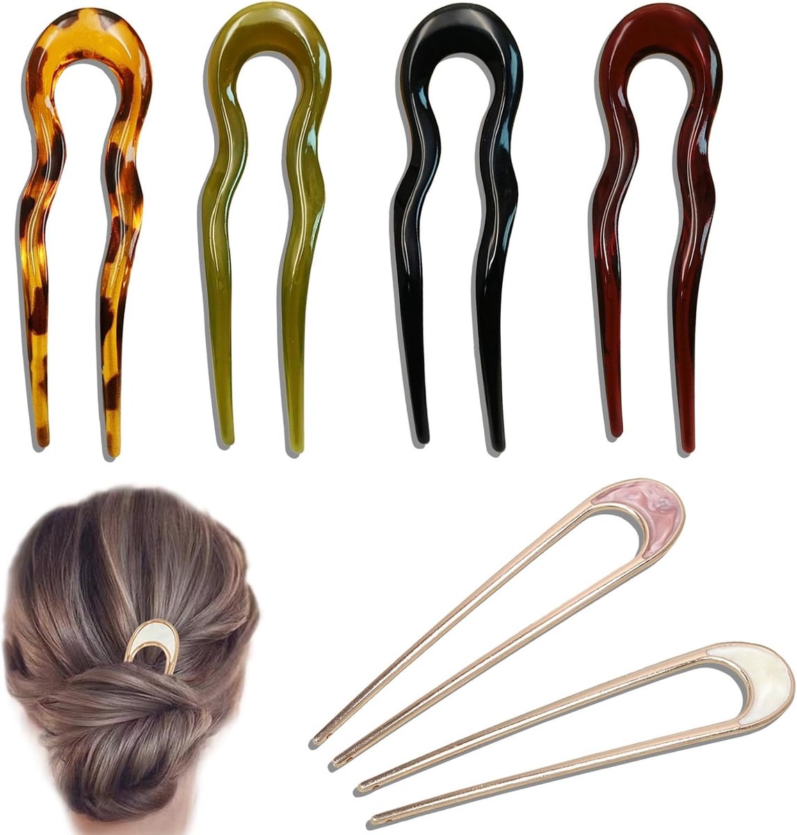SnelShoppen - Set van 6 U-vormige haarspelden, Franse stijl haaraccessoires met elegant design voor dagelijkse gebruik en speciale gelegenheden, multi