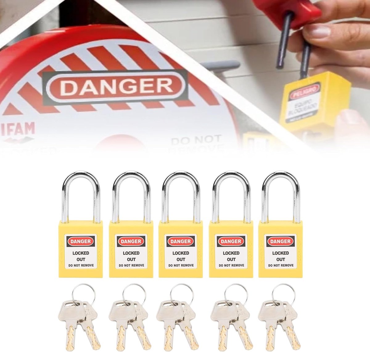SnelShoppen - 5 Sets Lockout Tagout Hangsloten, Veiligheidssloten met 2 Sleutels per Slot, Isolatie LOTO van Nylon PA en Staal voor Kernenergie, Logis