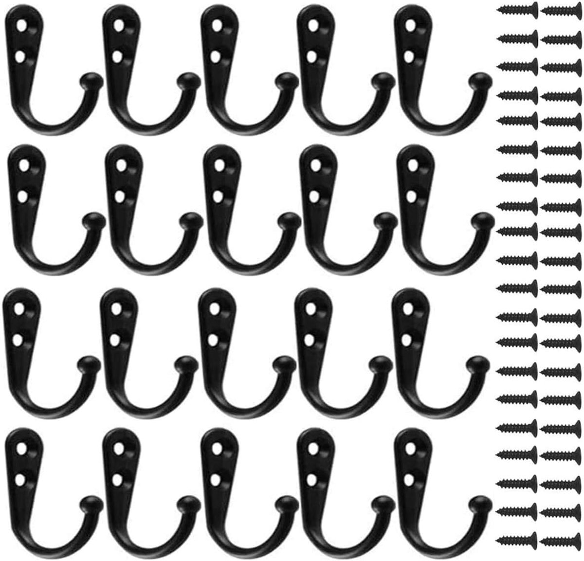 SnelShoppen - 20 Stuks Grote Wandhaken Enkelvoudige Haak Hangers Met 40 Stuks Schroeven - Perfect Voor Slaapkamer Badkamer Keuken Zwart