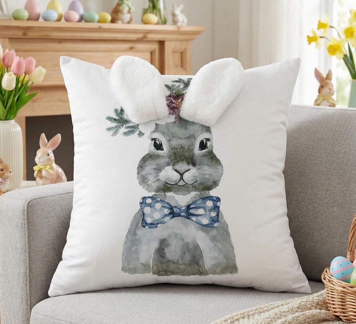 SnelShoppen - Kussenhoes Pasen 40 x 40 cm, Witte Kussenhoes met 3D Konijnenoren, Zachte Pluche Kussenhoes voor Sofa, Slaapkamer, Woonkamer, Buiten, Fe