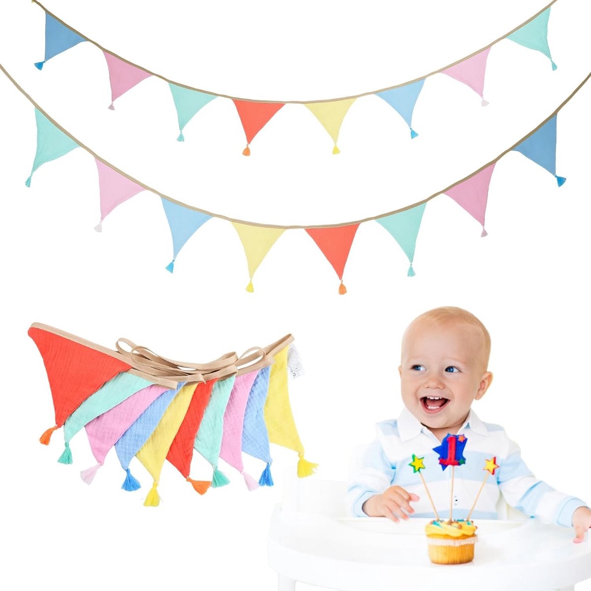 Verjaardagsgarland kinderkamer 2,6 m - macaronkleur - zachte katoen - perfect voor feestdecoratie - ShopVlot