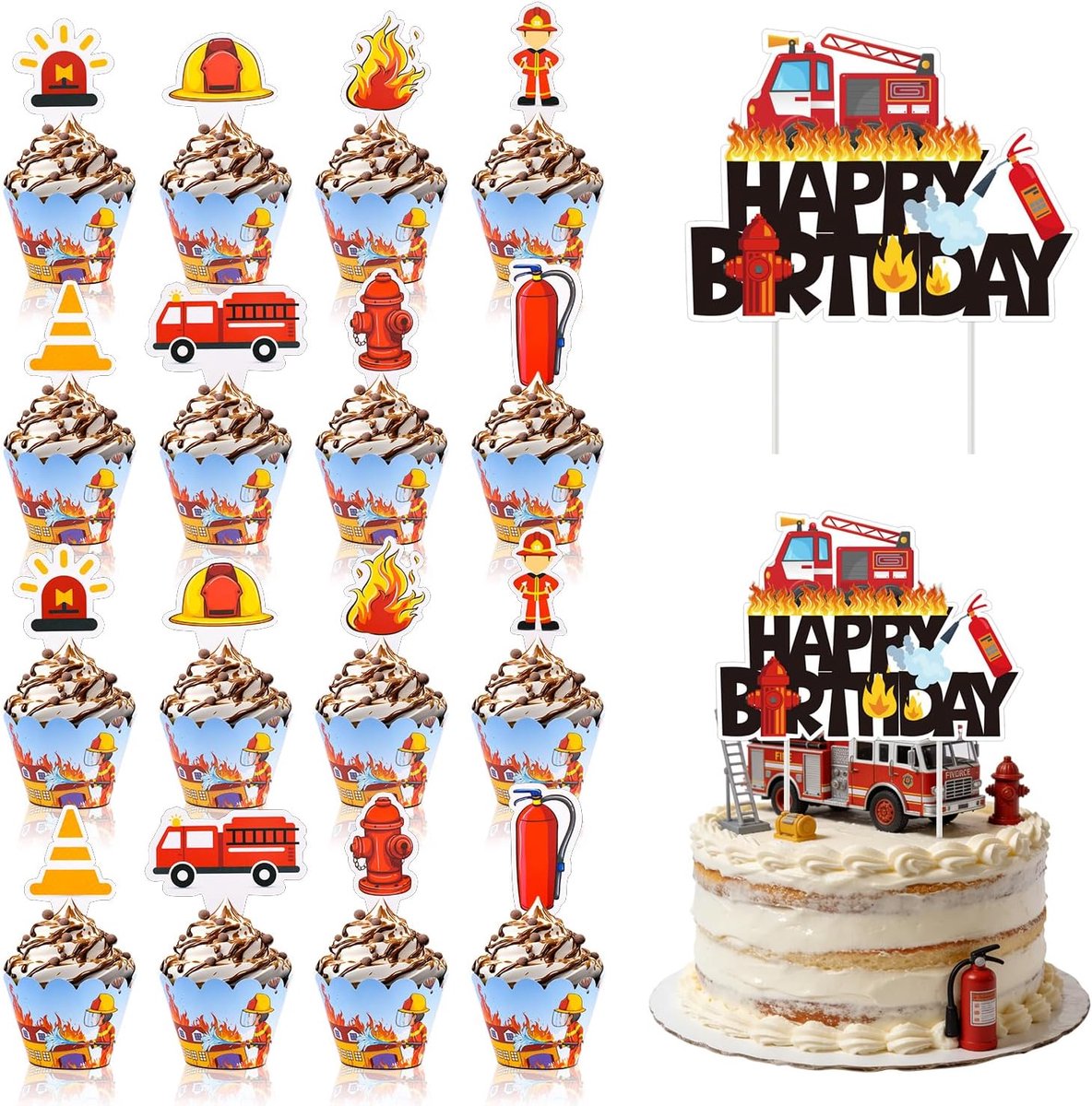 Fire Department Cake Decoration, Fireman Cupcake Topper For Birthday Party Decoration - ShopVlot