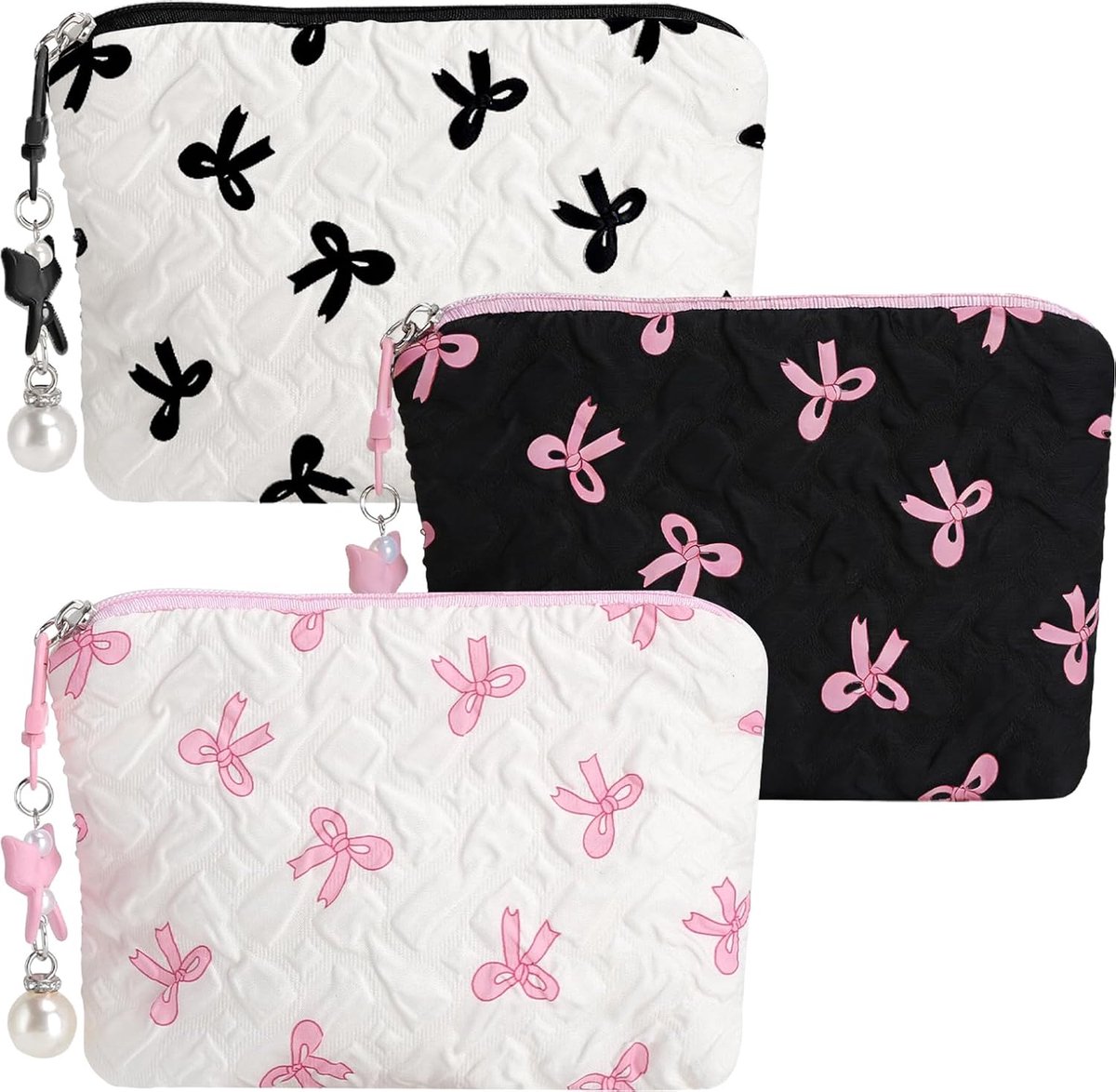 SnelShoppen - 3 Stuks Mini Cosmetica Tasjes Klein voor Handtas, Draagbare Make-up Tas, Hexagonaal met Metaalrits, Strik en Parel Hangertje, Perfecte M