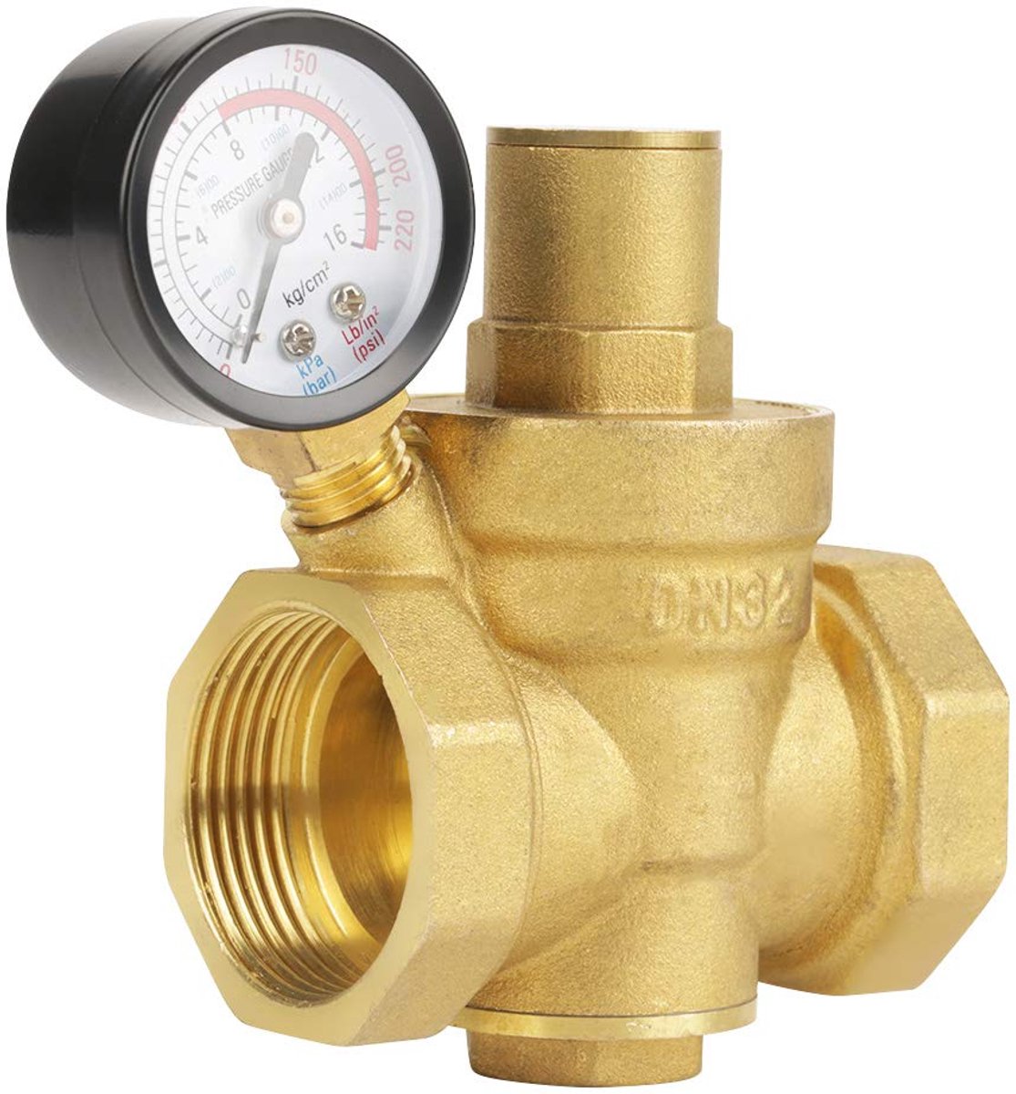 SnelShoppen - 1-1/4 Inch Messing Waterdruk Regelventiel met Drukmeter - DN32 Verstelbare Waterdrukregelaar tot 1,6 MPa voor Tuin, Keuken en Algemeen G