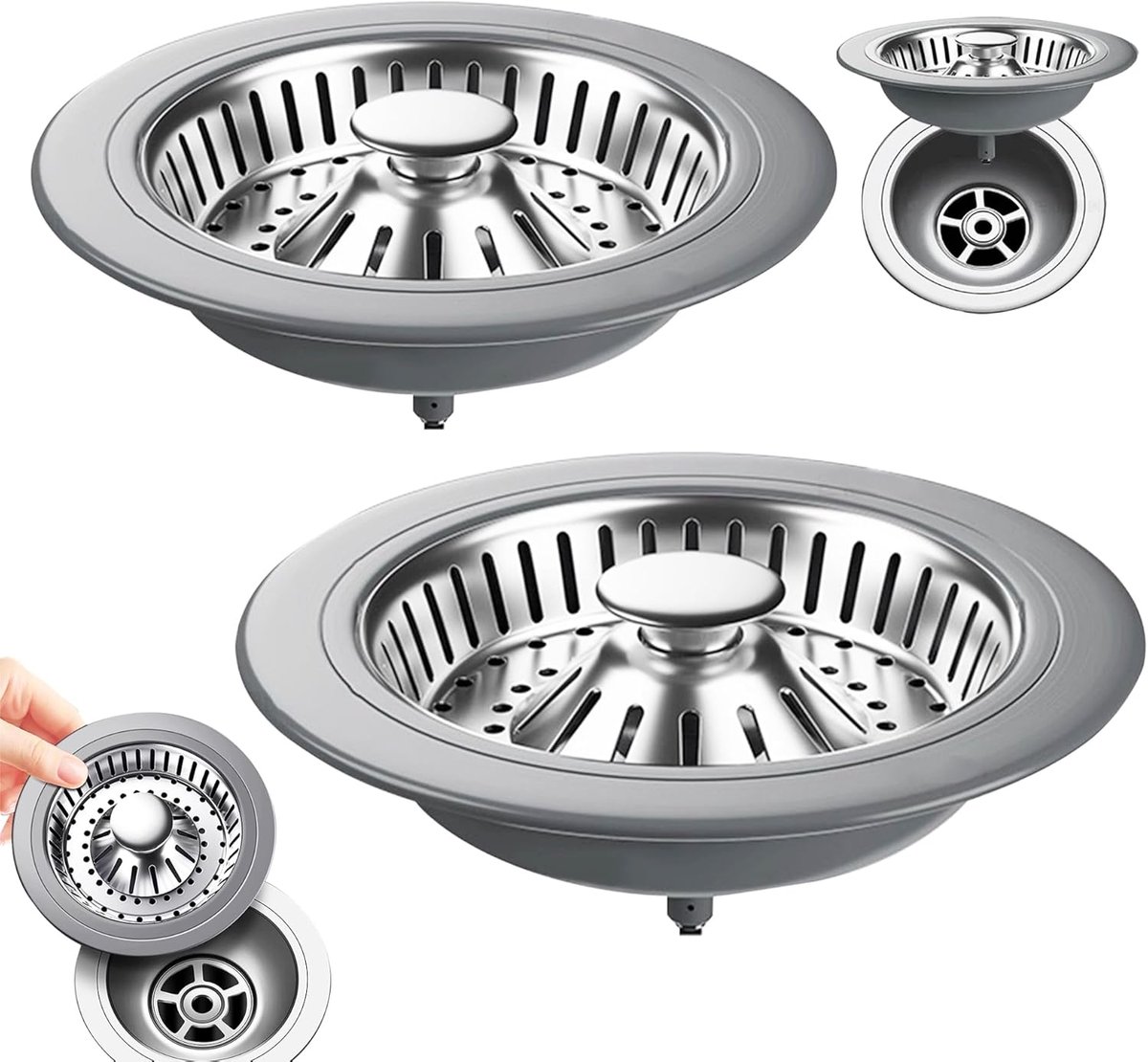 SnelShoppen - 2 Stuks Afvoer Stopper, Pop-up Afvoerplug, 3-in-1 Afvoerstop, RVS Afvoer Stopper, Afvoerfilter, Keuken Afvoerfilter voor Etenresten (Gat