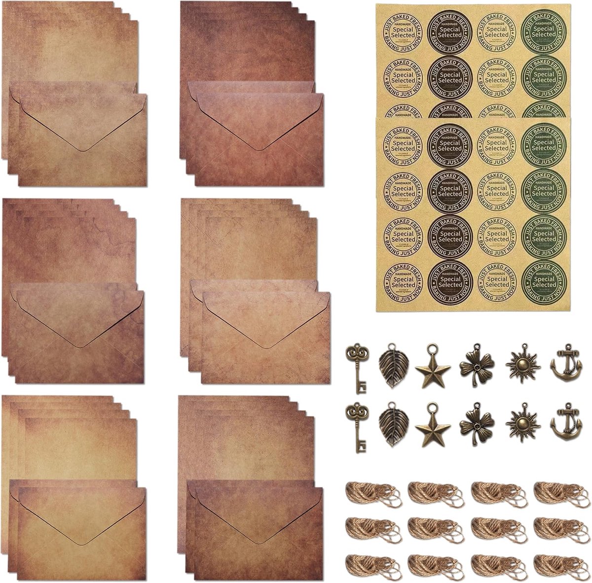 SnelShoppen - Vintage Stationery Set met 24 Vellen Aged Papier, 12 Kraft Enveloppen, 32 Stickers, 12 Retro HANGs en 12 Jute Koorden voor Creatief Schr