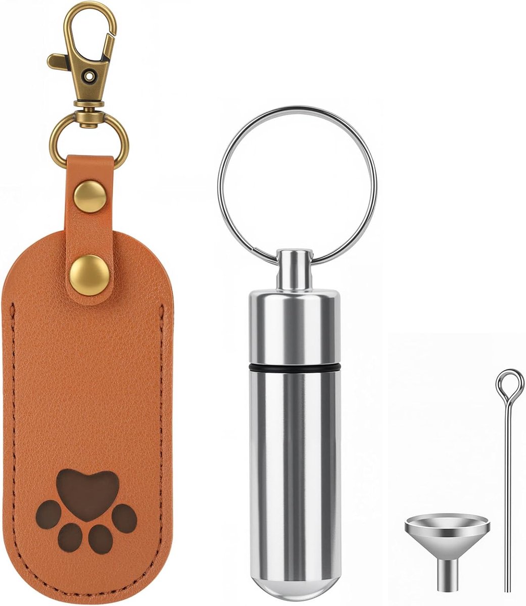 SnelShoppen - Mini Urn voor Honden Sleutelhanger, Leer Hanger voor Dierenhaar, Drukknop Ontwerp, Bruin, Met Trechter Set en Poetsafdruk Set, Herdenkin