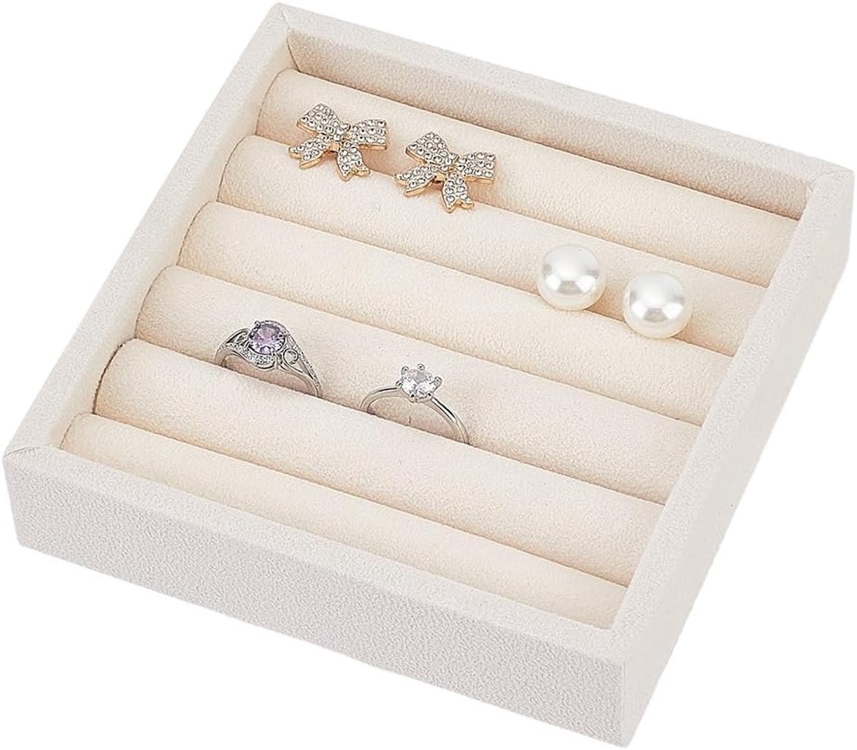SnelShoppen - Kleine Sieradenhouder Ring Organizer Beige Fluweel met 5 Vakken voor Ringen, Oorbellen en Mini Sieraden, Ideaal voor Juwelendoos en Lade