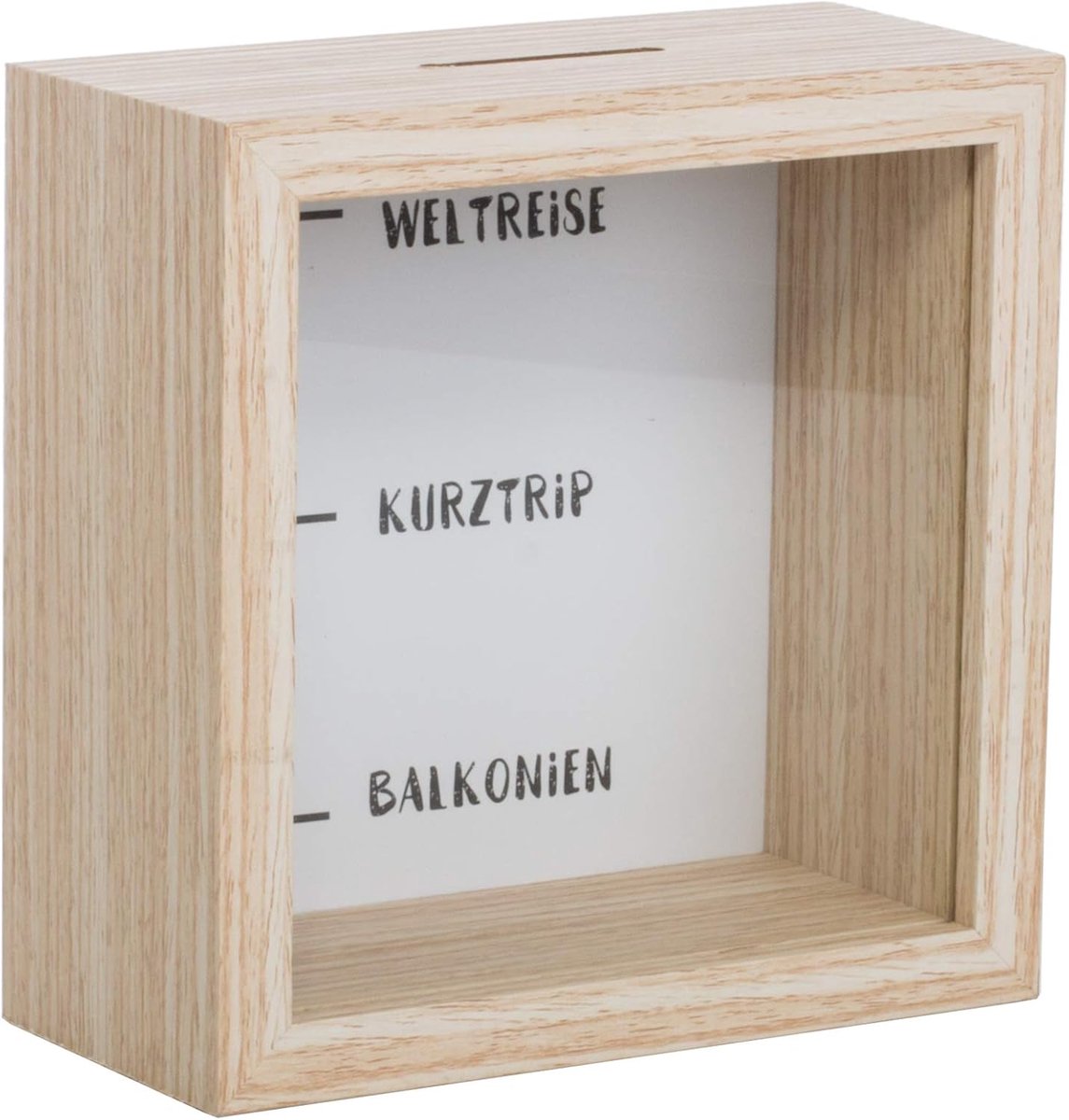 SnelShoppen - Houten Spaarpot met Glazen Fotokader, 14,5 x 14,5 x 6,5 cm, Decoratieve Spaarpot voor Geldcadeaus en Spaardoelen, Reis de Wereld Rond