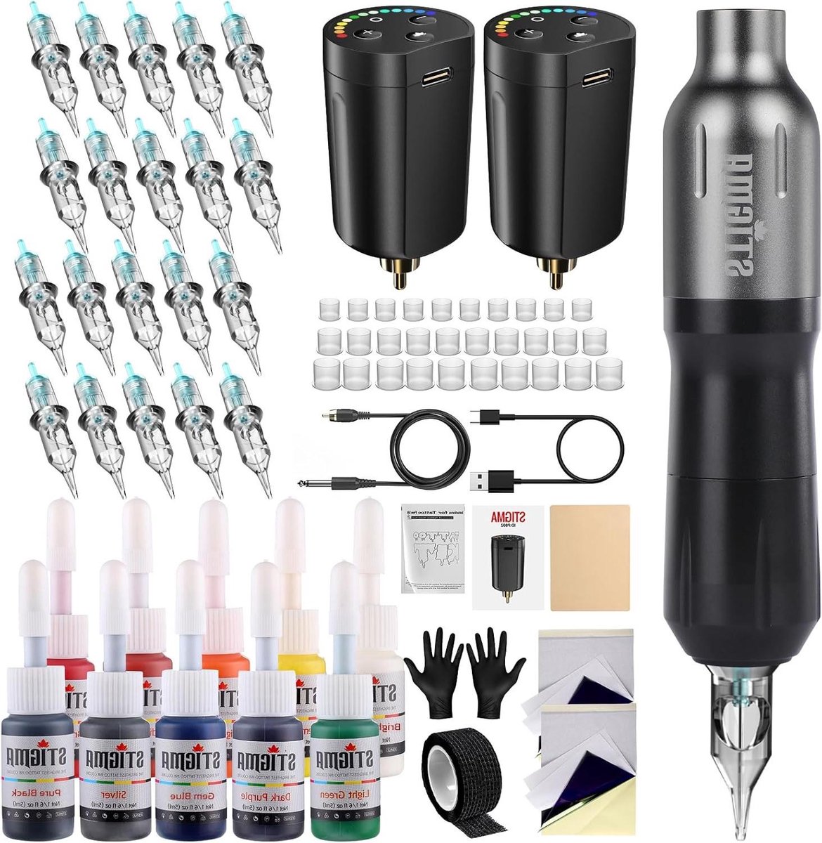 Tattoo Pen Kit - Rotary Machine - Lijnen en Arceren - Hoge Snelheid Motor - 20 Cartridges - Mat