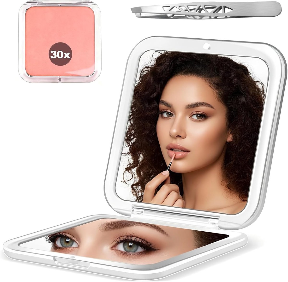 Vergrotingsspiegel - Wit - 8,3 x 8,3 cm - Dubbelzijdige Inklapbare Reisspiegel met 1X/30X Vergroting - Voor Make-up en Gezichtsverzorging