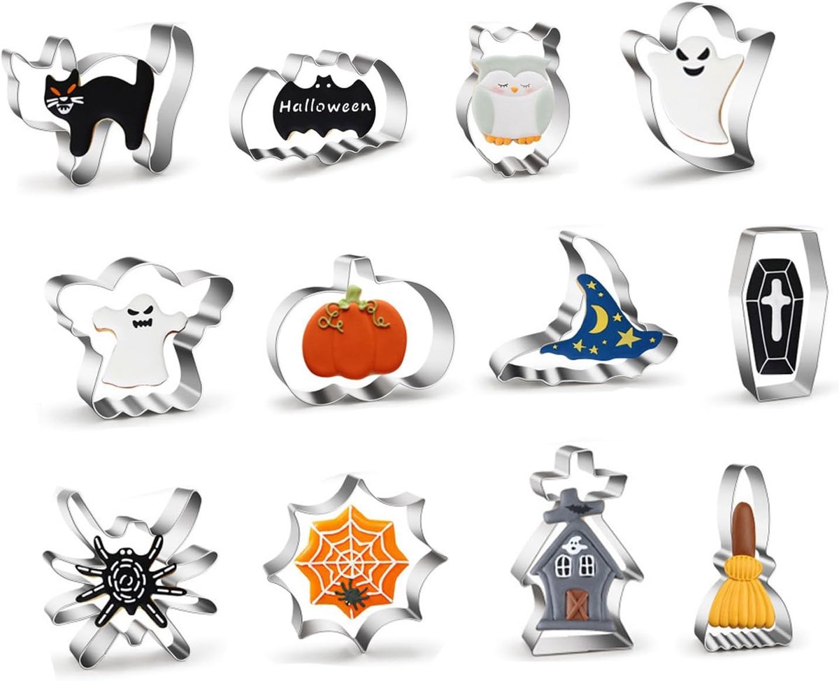 SnelShoppen - 12 Stuks Halloween Koekjesuitsteekvormen Roestvrij Staal - Allerzielen Uitsteekset voor DIY Koekjes, Fondant, Taart en Feestdecoratie