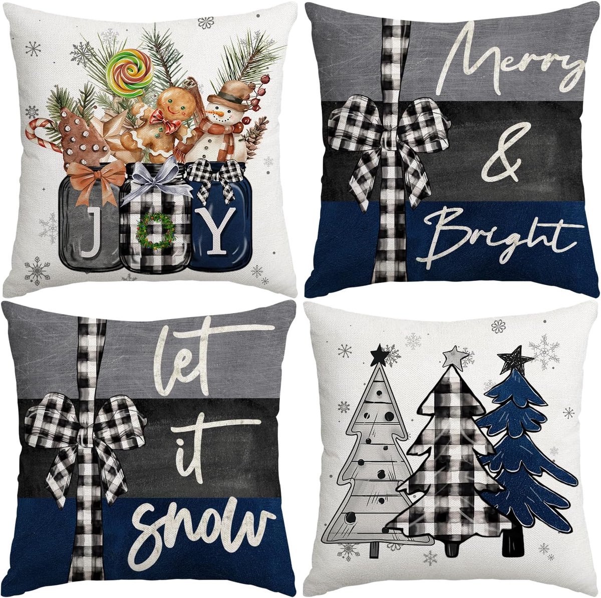 SnelShoppen - 4 Stuks Kerst Kussenhoezen 50x50cm Merry Christmas Joy met Kerstbomen in Blauw en Zwart - Decoratieve Winter Kussens voor Bank en Sofa