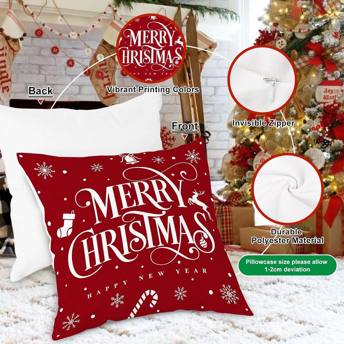 SnelShoppen - Set van 4 Rode Kerst Kussenslopen 50x50cm, Winter Decoratieve Kussens, Luxe Kussenhoezen voor Binnen, Gezellige Kerstversiering voor Sof
