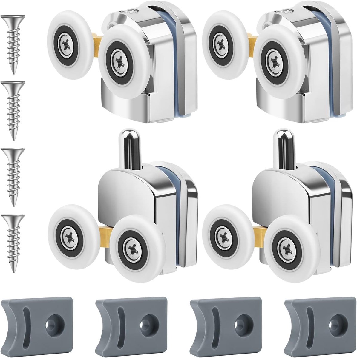 SnelShoppen - Set van 4 Douche Deurrijders/Rollers 25mm - Dubbel 2 Boven en 2 Onder - Chroom Kunststof - Ideaal voor Vervanging van Douche Deuren