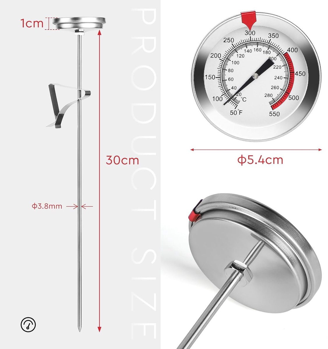 SnelShoppen - Melkthermometer, Koffiethermometer, Frituurthermometer met Klem, 30 cm, RVS, Roosterthermometer, 20 ~ 280 °C, Analoog voor Vlees en Oven