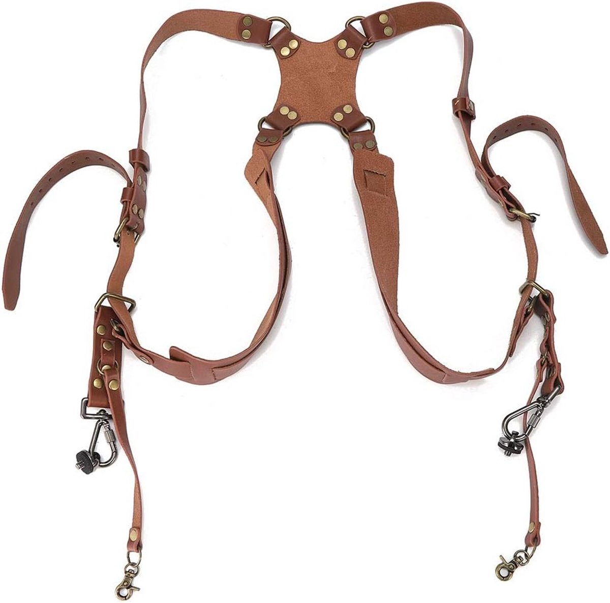 SnelShoppen - Camera Schouderband voor 2 Camera's, Dubbele Lederen Harnas Strap Fotografie Accessoires voor DSLR Camera's, Verstelbaar, Bruin