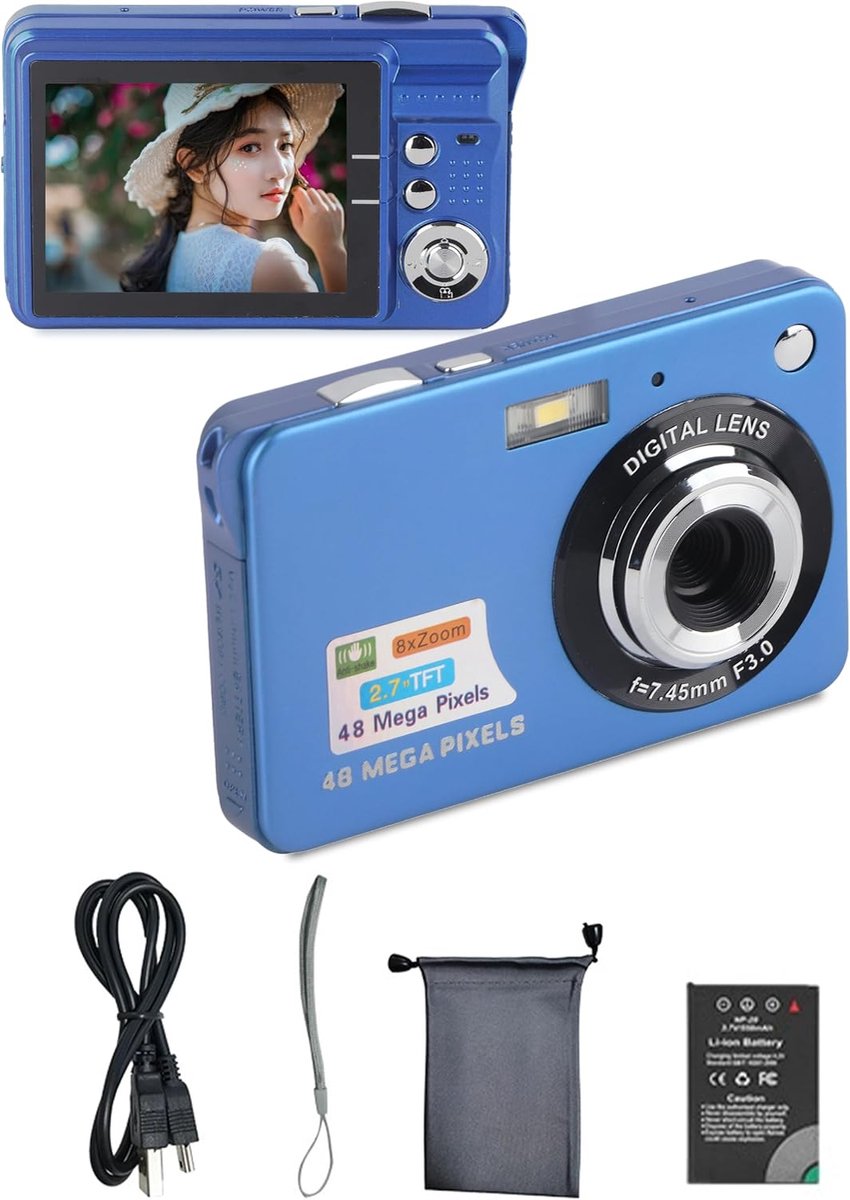 SnelShoppen - Mini Digitale Camera 8x Zoom, 2.7 Inch Scherm met Vullicht, Oplaadbaar, 4K 48MP Fotocamera voor Kinderen, Studenten, Cadeau voor Tieners