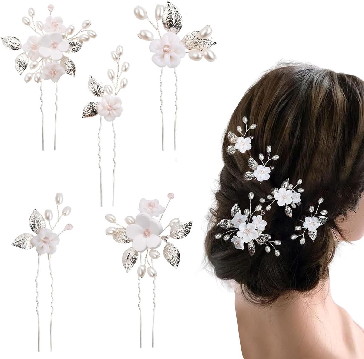 SnelShoppen - 5 Stuks Bruid Haar Clips met Parel - Bruiloft Bloemen Haaraccessoires - Handgemaakte Zilver Haar Sieraden voor Vrouwen en Meisjes