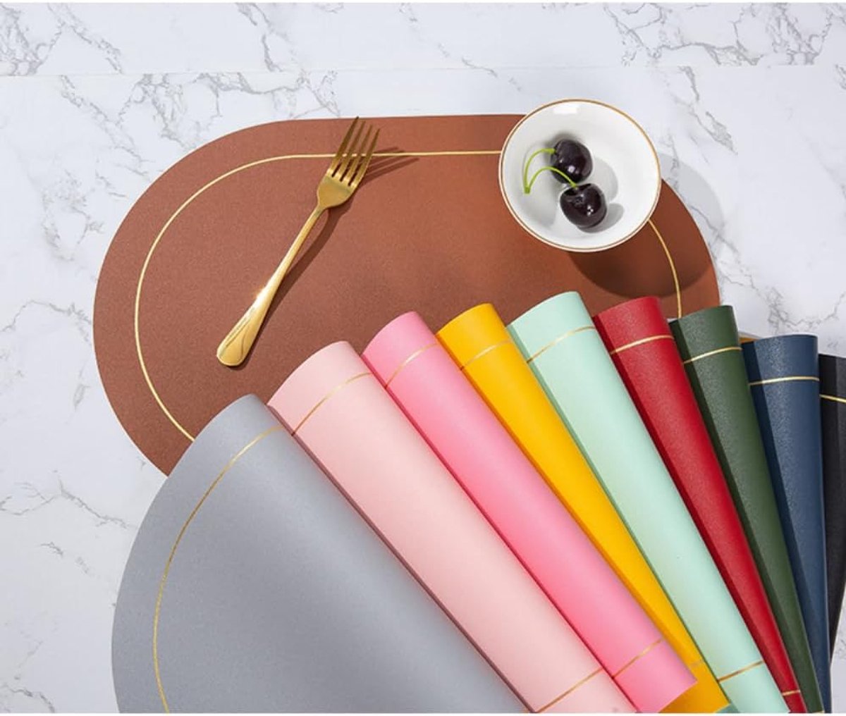SnelShoppen - 6 Stuks Ovalen Placemat 45 cm x 30 cm Leer Twee-Tonig Groen Blauw Table Coasters Tafeldecoratie Wasbaar Antislip Warmtebestendig