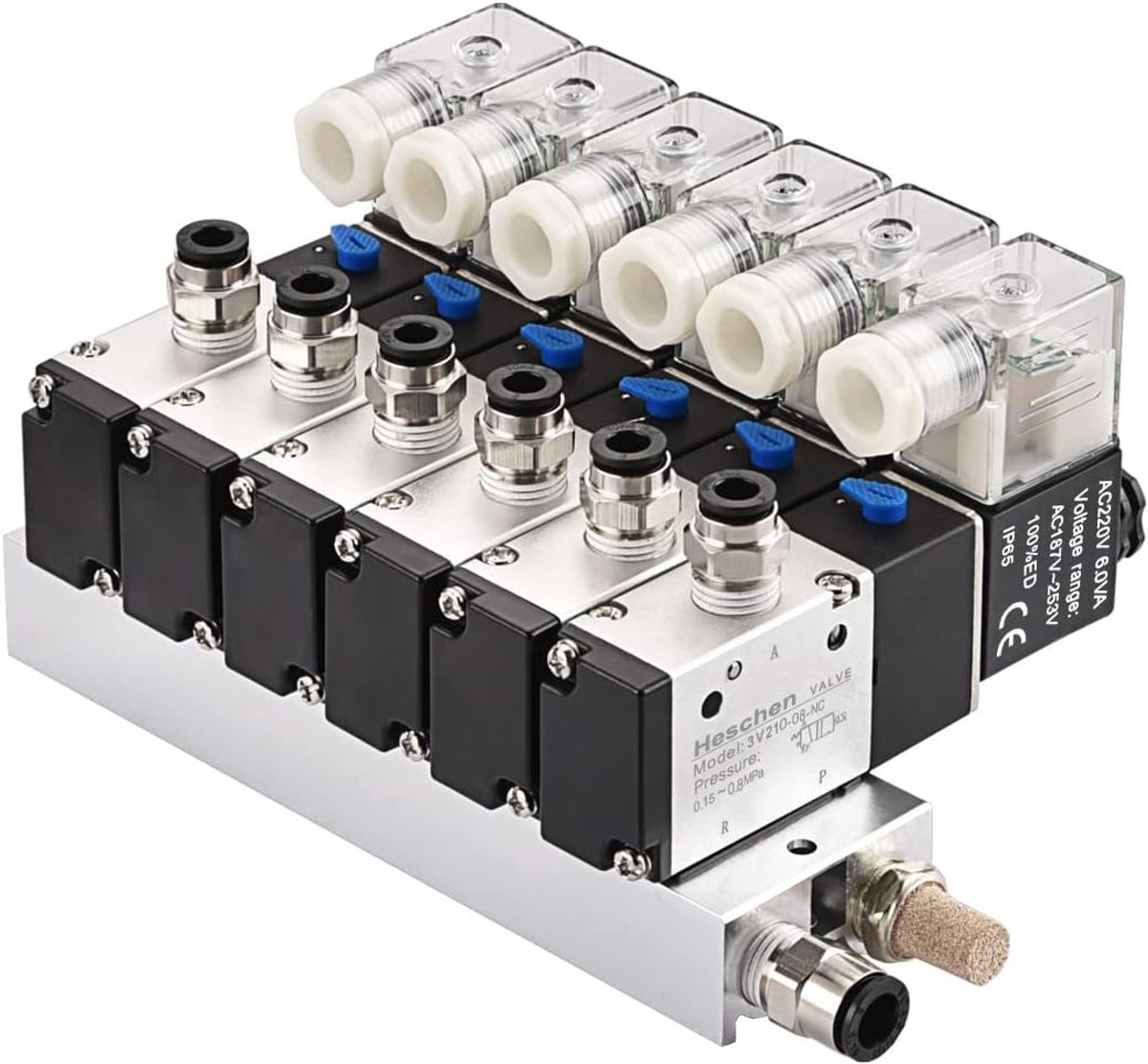 SnelShoppen - Pneumatische 6 Weg Solenoid Ventiel 3V210-08, AC220V, PT1/4, 3/2 Weg, Manifold Basis, Attenuator Snelle Aansluitset