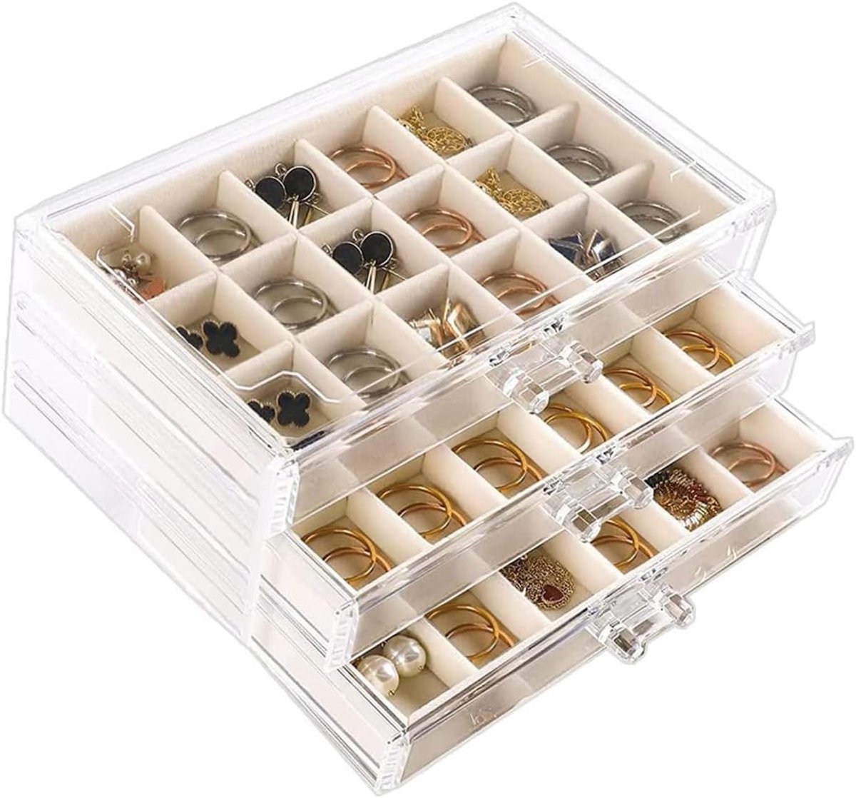 SnelShoppen - Earring Storage Box Acryl Sieraden Organizer met Velours Lades - Earring Opbergdoos voor Vrouwen en Meisjes (Beige, 3 Lades)